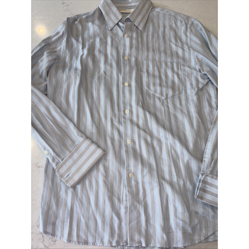 Perry Ellis French Cuff Men's M Striped Shirt Sky Blue‎ Silver Button Up Dress